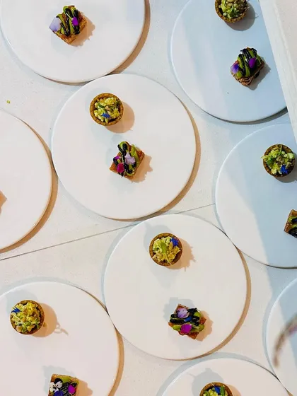 An aerial view of the canapés, showcasing the clean, minimalist plating style I often employ.