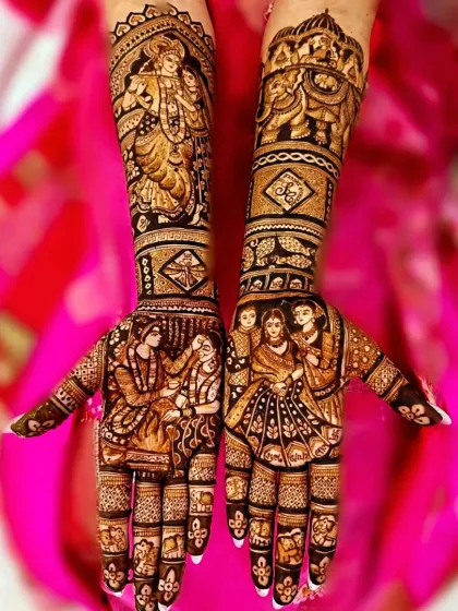 Your hands can be a canvas for your entire family's story. This intricate design includes portraits of the couple with their parents, along with a depiction of Lord Krishna, blending personal moments with divine blessings.