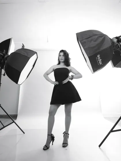 A powerful pose captured during the studio session, with the lighting equipment visible in the frame to give clients a clear idea of my setup.