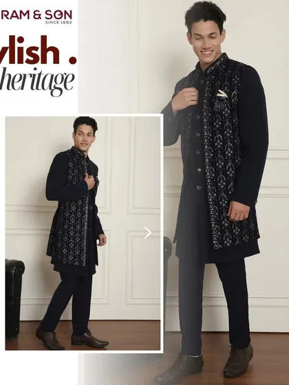 Refine your look with my Indo-Western collection. This ensemble, featuring a dark kurta with a patterned, layered stole, seamlessly blends tradition and contemporary design for a look that's both sophisticated and modern.