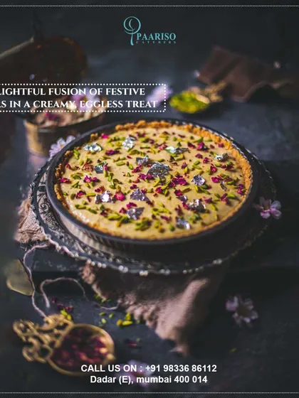 A delightful fusion dessert, this creamy eggless tart is infused with festive Indian flavors. Garnished with rose petals, pistachios, and edible silver leaf, it's a beautiful and delicious modern treat.