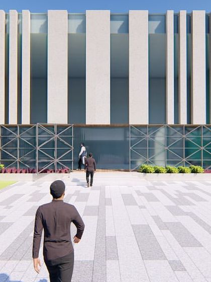 Our proposed design for the Sonari Grampanchayat office. We aimed for a modern and accessible public building with a strong, clean facade and a welcoming public plaza.