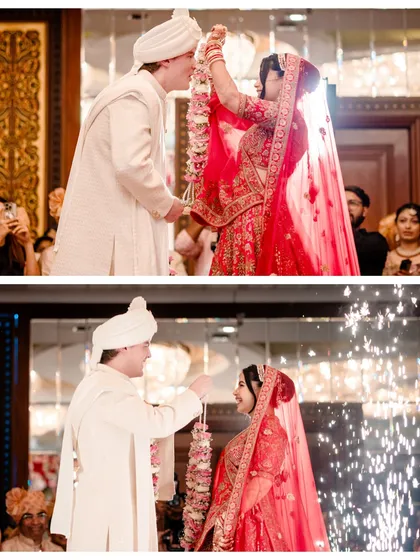 A collage showing the key moments of the Varmala and Mangalsutra rituals. We create visual narratives that tell the story of your ceremony step by step.