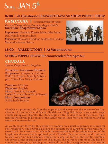 The detailed schedule for the final day of our 2025 festival, featuring a Ravanchhaya shadow puppet show and our string puppet show 'Chudala'.