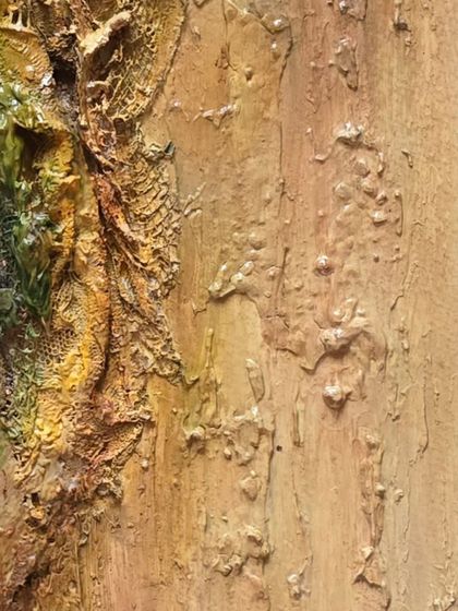 Here you can see the pocked and bubbled texture I created, reminiscent of old, weathered surfaces. It’s about finding beauty in the process of decay and renewal.