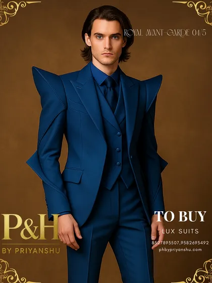 Presenting the shark-inspired suit in a deep, imperial blue. This full-length view captures the monochromatic power of the design, with its signature sculpted shoulders and impeccably tailored three-piece construction, crafted for a bold, futuristic statement.