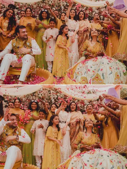 A collage capturing the 'phoolon ki holi' from two angles. It shows the couple being showered with petals by their loved ones, creating a frame filled with color and joy.