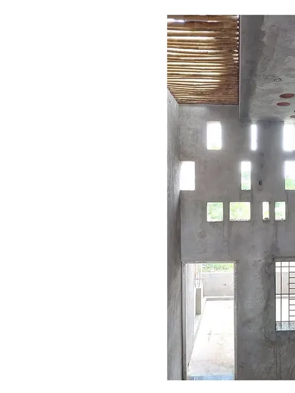 Another view of the Mahesh Residence under construction, this image shows the interplay between the punctured concrete wall, the bamboo ceiling detail, and the filler slab. It highlights my use of sustainable and earthy materials, even in the earliest stages of building.