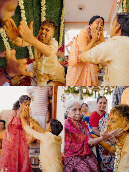 A collage of a groom's Mangalasnanam, capturing the fun and traditional moments with his family.