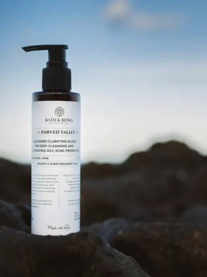 Our Parvati Valley Body Wash, inspired by the tranquility of the Himalayas. It's enriched with French Green Clay and Pine essential oil to detoxify and balance oily or acne-prone skin.