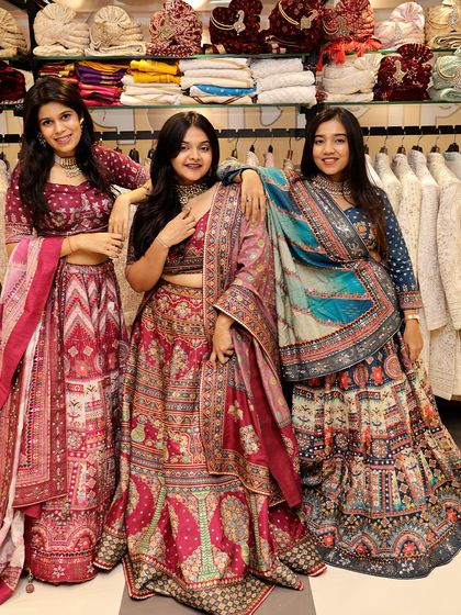 Another group shot showcasing the variety in my lehenga collection. Each person has a unique style, but the outfits complement each other beautifully, perfect for a bridal party.