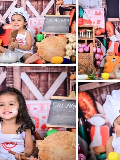 A collage of a little chef theme, showing the baby in various playful and messy poses.