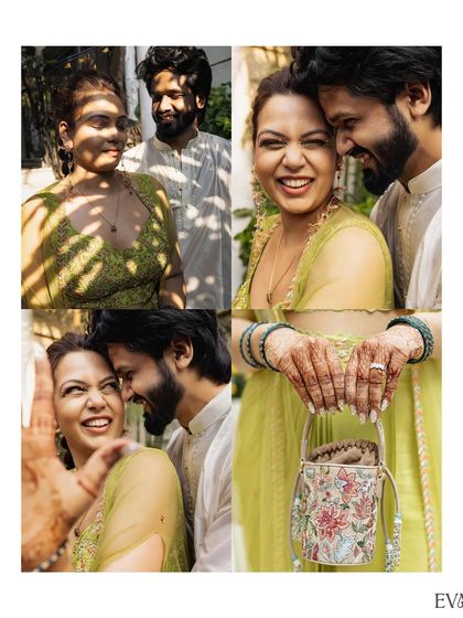 A four-photo grid capturing the couple's candid laughter, joyful interactions, and the intricate details of the bride's Mehendi.