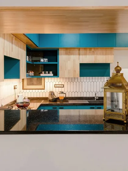 A pass-through window from the T7 T8 kitchen, framed in rubberwood. This design feature connects the kitchen to the living area while providing an extra serving counter.