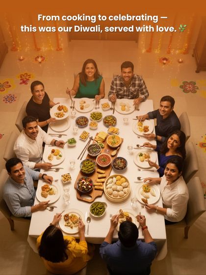 From my kitchen to your celebration, this was a Diwali served with love. An overhead view of friends enjoying a Pan-Asian feast.