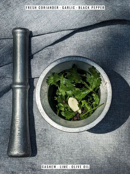 Another look at the fresh ingredients that go into our house-made coriander pesto, a key layer of flavour in many of our dishes.