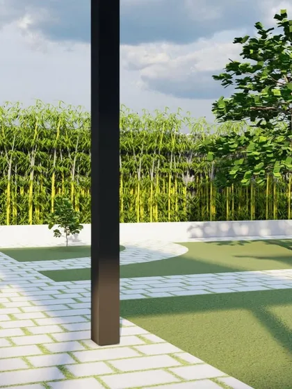 This 3D view highlights the proposed planting, including a bamboo privacy screen and a feature tree.