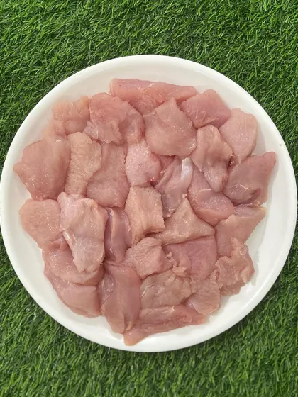 More of my fresh, boneless turkey chunks, ready to be packed. I ensure all my meat is handled hygienically and is of the highest quality.