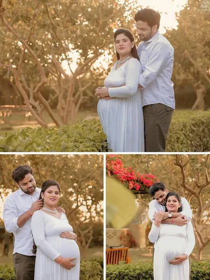 A collage showcasing different loving interactions between a couple during their outdoor maternity session. We explore various poses, from gentle embraces to playful hugs from behind.