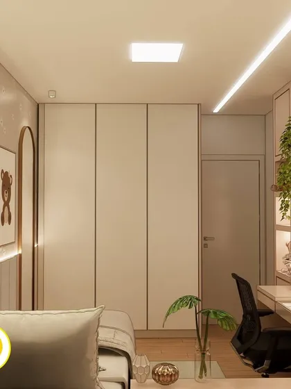 This view shows the full layout of the room, with the bed, desk, and wardrobe all neatly arranged to maximize space.