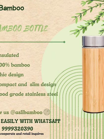 An informational graphic detailing the features of our bamboo bottle. It highlights its insulated, 100% bamboo exterior, chic and slim design, and food-grade stainless steel interior, making it a premium, eco-friendly choice.
