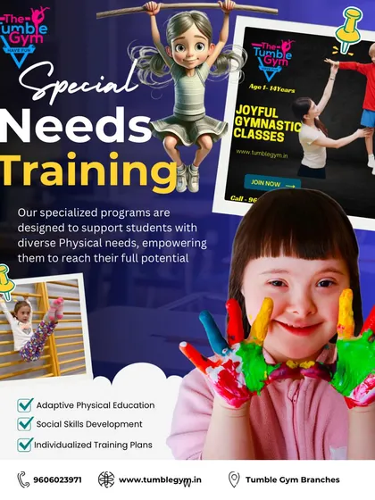 Our gym is a welcoming space for children of all abilities. This graphic highlights our specialized programs for kids with diverse physical and sensory needs, focusing on adaptive physical education, social skills development, and individualized training plans.