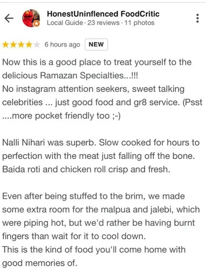 This honest food critic loved our Nalli Nihari, Baida roti, and hot malpua and jalebi. We are so happy to be a place that creates good food memories.
