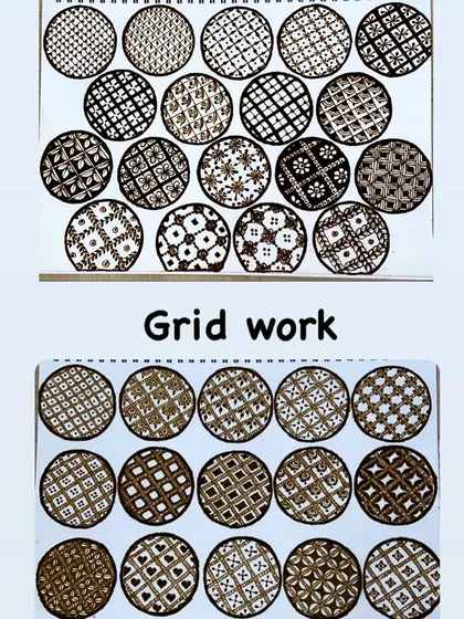 This shows my practice sheet for various 'Grid work' or 'Jaal' patterns. These intricate nets are a key element in many traditional Indian mehandi designs.
