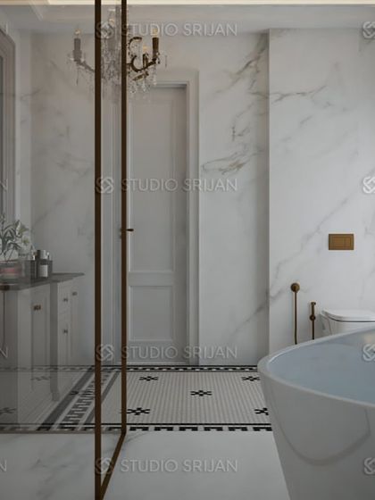 A perspective showing the spacious layout, with the freestanding tub and the glass shower enclosure creating a true spa-like experience at home.