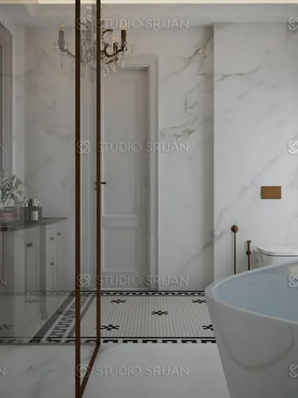 A perspective showing the spacious layout, with the freestanding tub and the glass shower enclosure creating a true spa-like experience at home.