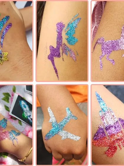 More examples of my recent work. This set includes a shooting star, a fairy, a unicorn, a pegasus, and airplanes, all created with vibrant, multi-colored glitter.