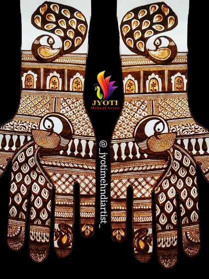 A playful and unique bridal design featuring multiple peacock figures. The symmetrical layout creates a balanced and eye-catching work of art.