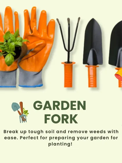 A garden fork is essential for preparing your garden beds. Its tines are perfect for breaking up tough, compacted soil and removing weeds, creating a loose environment for roots to grow.