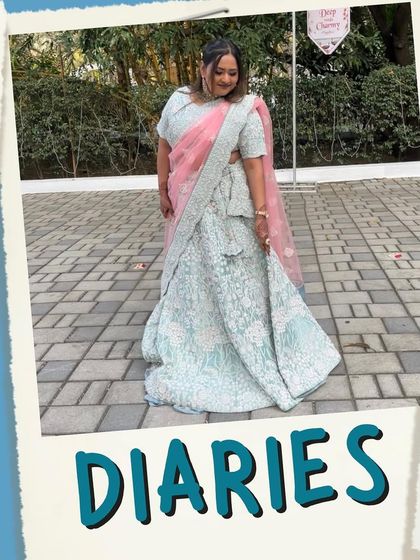 A collage of client diaries, showcasing a client in a beautiful light blue and pink lehenga.