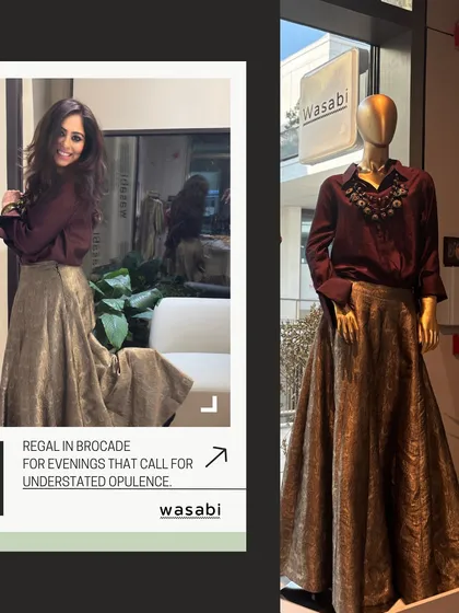 You can see how beautifully our brocade skirt pairs with a simple silk shirt. It creates an understated yet opulent look, perfect for evenings that call for something special.