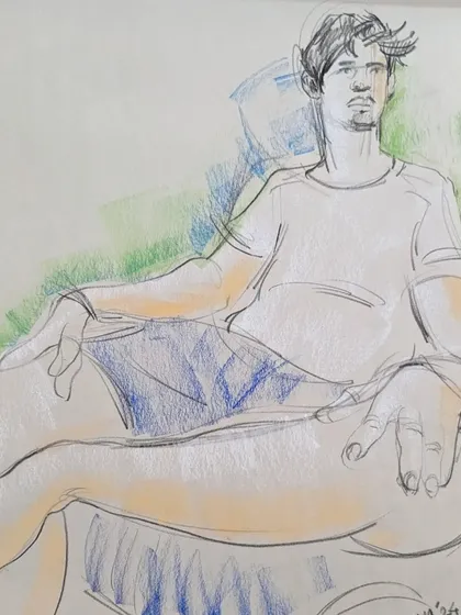 This is a quick live sketch I created using colored pencils and ink. These rapid studies are excellent practice for capturing a likeness and mood in a short amount of time.