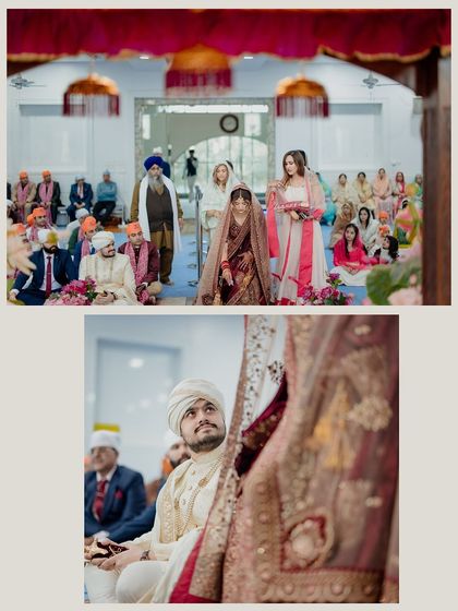 The groom's first look at his bride as she enters the Gurdwara. This emotional moment is a cornerstone of the wedding story.