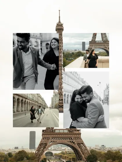 An artistic collage blending color and black and white from a Paris shoot. The creative composition with the Eiffel Tower as a central element makes this a unique and memorable piece.