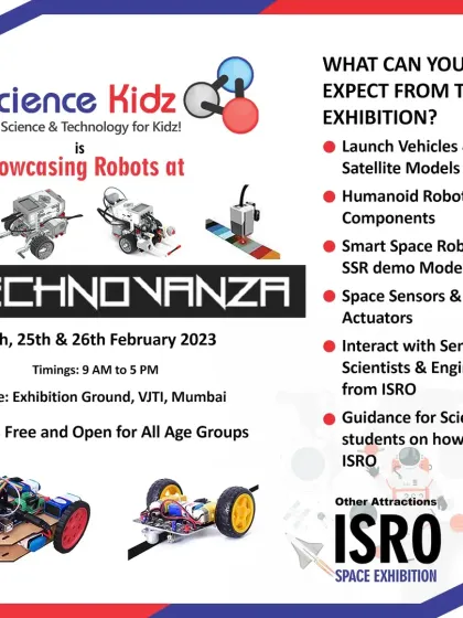 The official flyer for our participation in VJTI's Technovanza, a major tech festival in Mumbai. We showcased everything from humanoid robot components to smart rovers, and even facilitated interactions with ISRO scientists.
