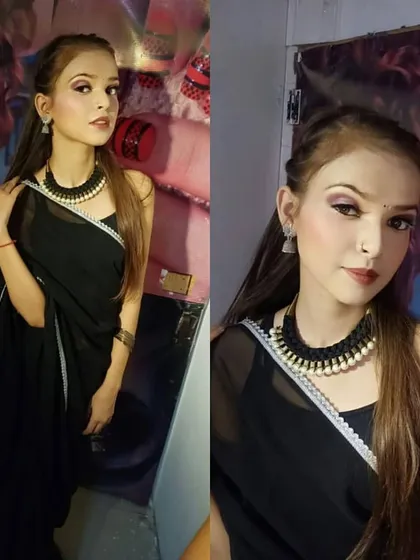 Our students learn to create polished looks for any occasion. This is a classic party makeup look, featuring subtle smokey eyes and a defined lip, perfectly complementing the modern black saree. This is a portfolio-ready shot from a student's practice session.