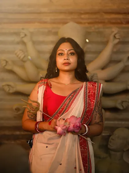 For this conceptual shoot inspired by Durga Puja, the makeup was designed to be both powerful and serene. I created a glowing skin finish with sharp, defined eyes and a traditional bindi to complement the artistic setting, making the model look divine and strong.
