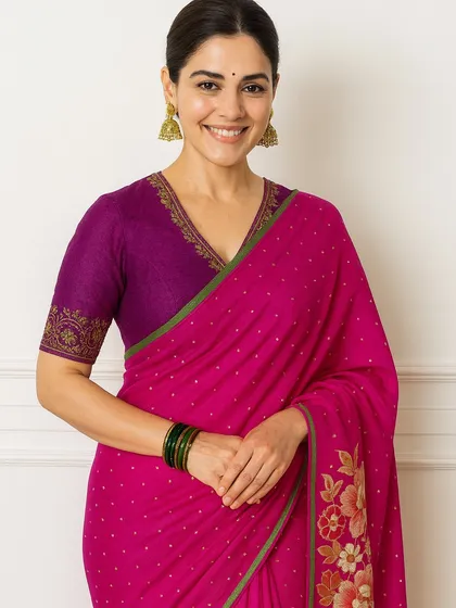 Here are the individual looks from my "One Blouse, Four Sarees" series. This single purple blouse with delicate embroidery pairs beautifully with orange, yellow, pink, and green sarees, proving how a versatile blouse is a smart investment for your wardrobe.