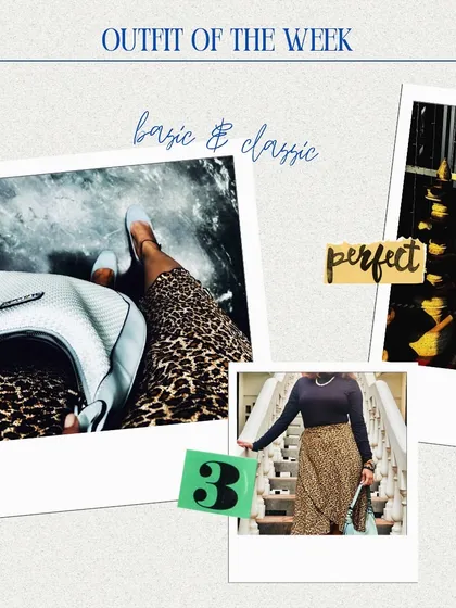 This collage highlights the details of a perfect fall outfit. The leopard print skirt and powder blue accessories are basic and classic on their own, but together they create a look that feels fresh and intentional.