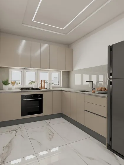 This 3D design demonstrates how a luxurious and modern L-shaped kitchen can be achieved in a standard apartment layout. The design features glossy beige acrylic shutters, a built-in oven, and a black granite sink.