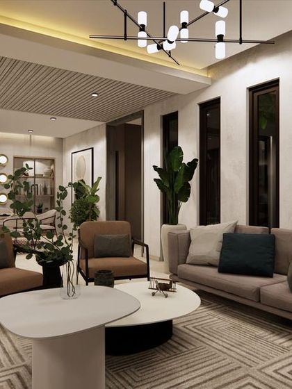 A living and dining room concept with a clean, modern aesthetic. The space is defined by its neutral color palette, minimalist furniture, and strategic lighting that creates a calm and sophisticated environment.