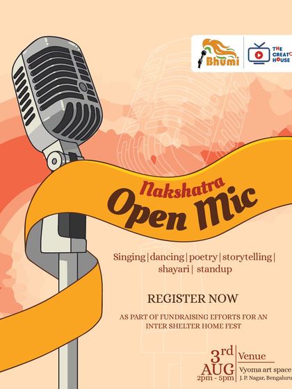 A poster for the "Nakshatra Open Mic," a fundraising event for an inter-shelter home fest, featuring singing, dancing, poetry, and stand-up.