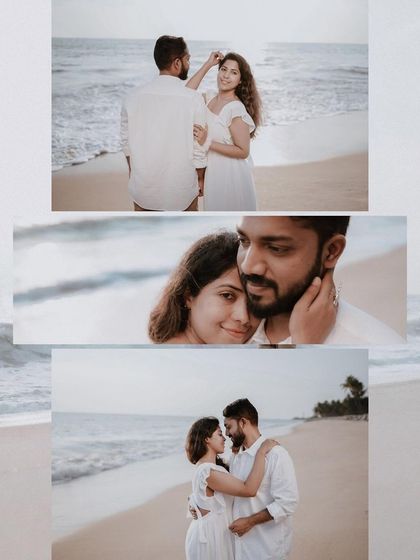 A collection of intimate moments from a beach pre-wedding shoot, from close-ups to wider shots, capturing the serene beauty of the ocean backdrop.