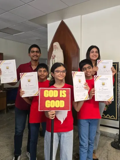 Another group of our talented performers celebrating after their "God is Good" prayer song performance. We are so proud of their dedication to spreading positivity through music.