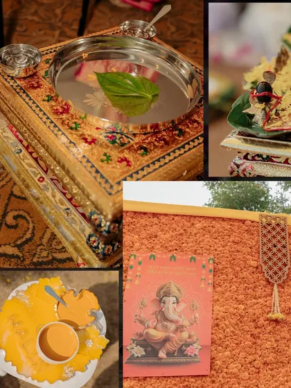 Details from the pre-wedding rituals. We ensure that even the smallest traditional elements, like the pooja thali, are presented beautifully.