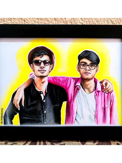 A framed color pencil sketch celebrating friendship. This was a commissioned piece for two best friends from Bokaro, and it makes for a truly personal and heartfelt gift.